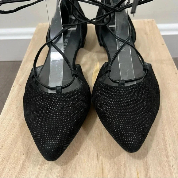 Stuart Weitzman Black Gilligan Shimmer Lace Up Pointed Toe Lace Up Flats 10 - Picture 4 of 9
